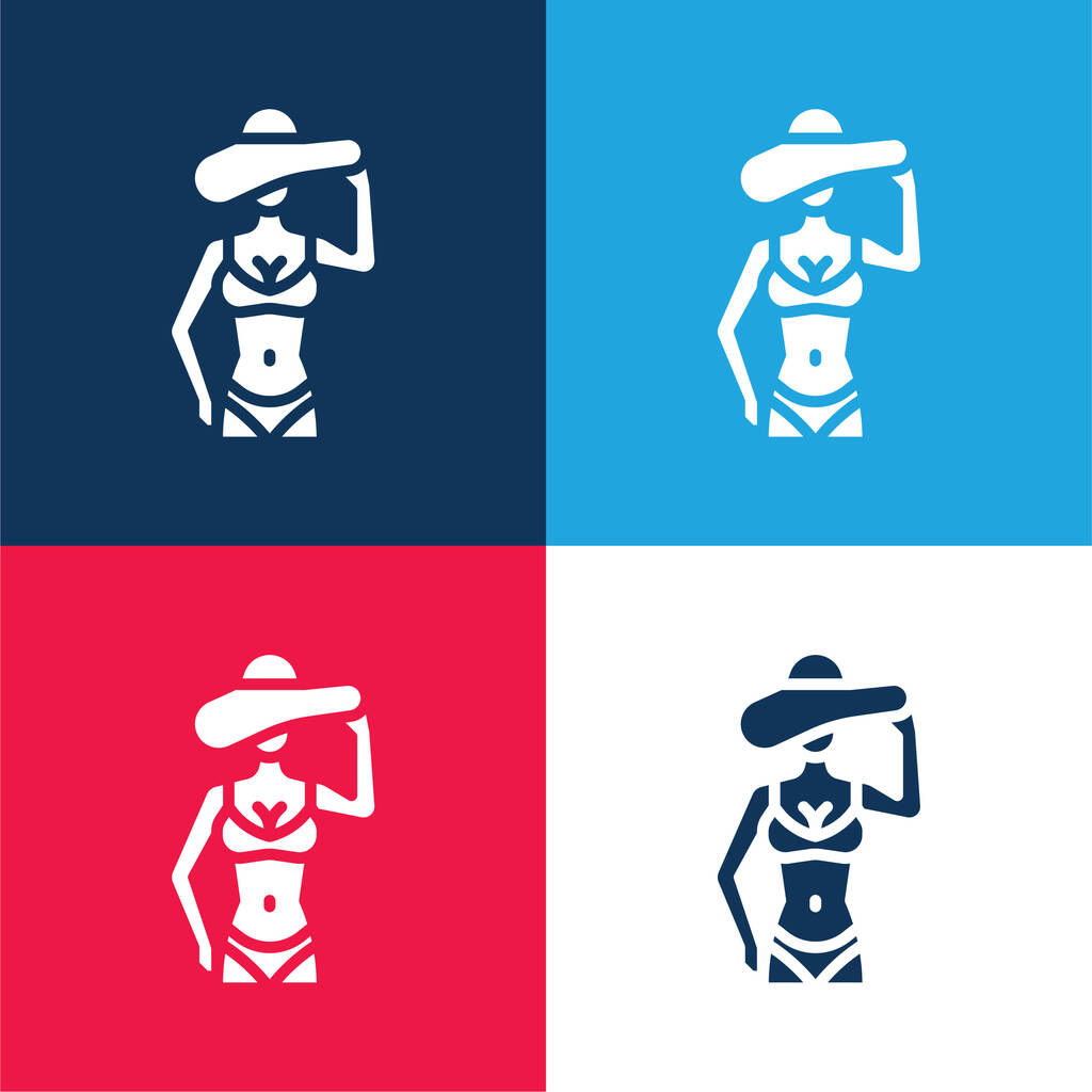 Bikini kék és piros négy szín minimális ikon készlet - Vektor, kép