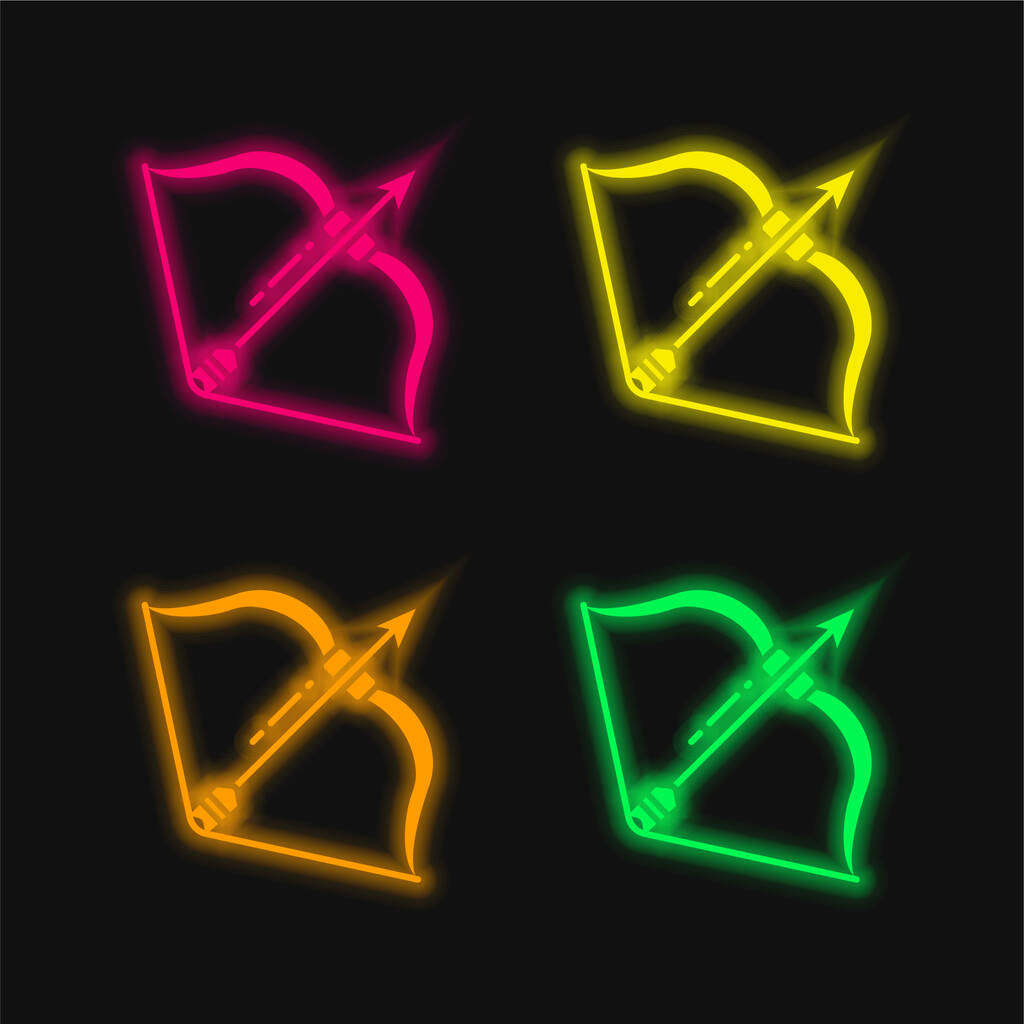 Bow And Arrow čtyři barvy zářící neonový vektor ikona - Vektor, obrázek