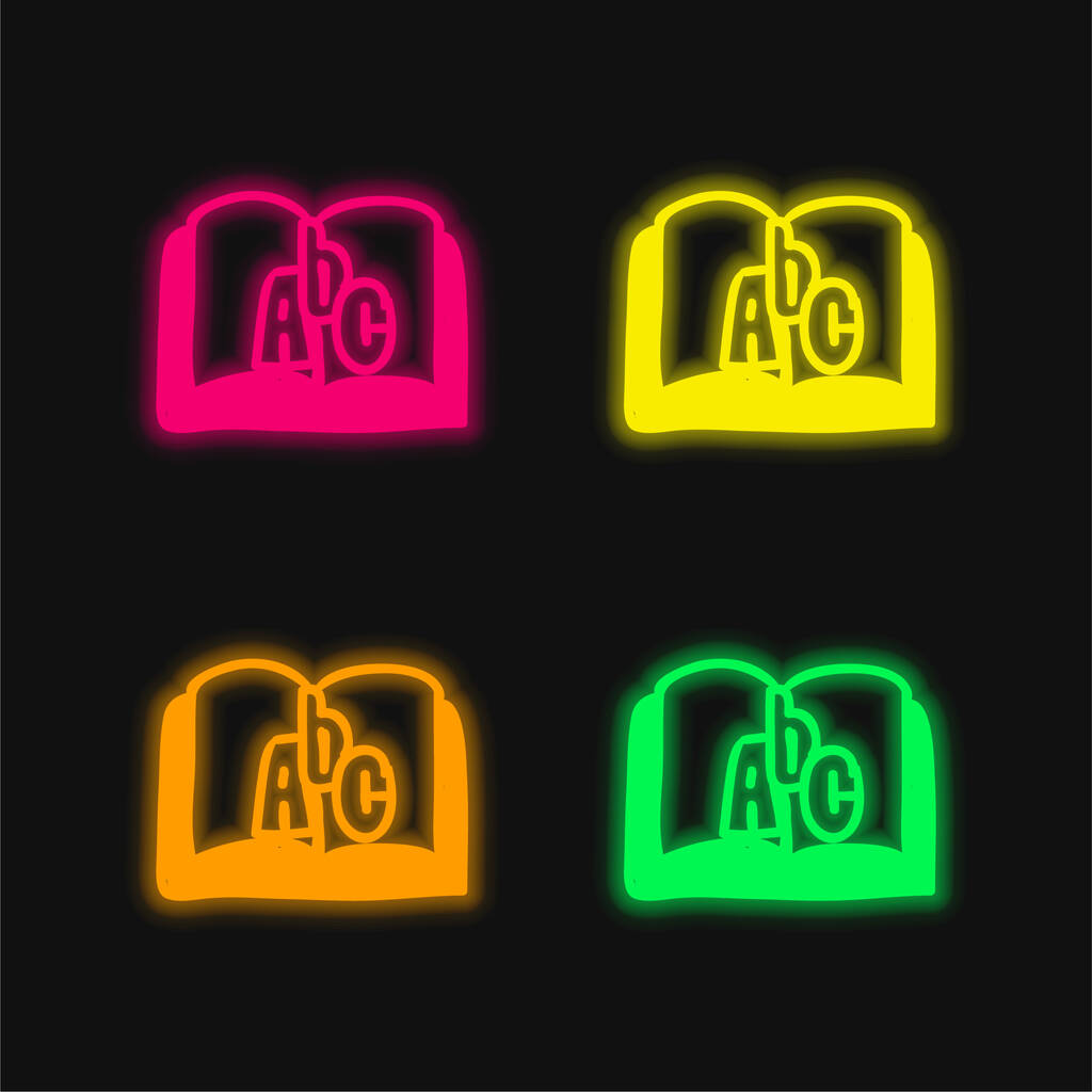 Book Of Abc négy színű izzó neon vektor ikon - Vektor, kép