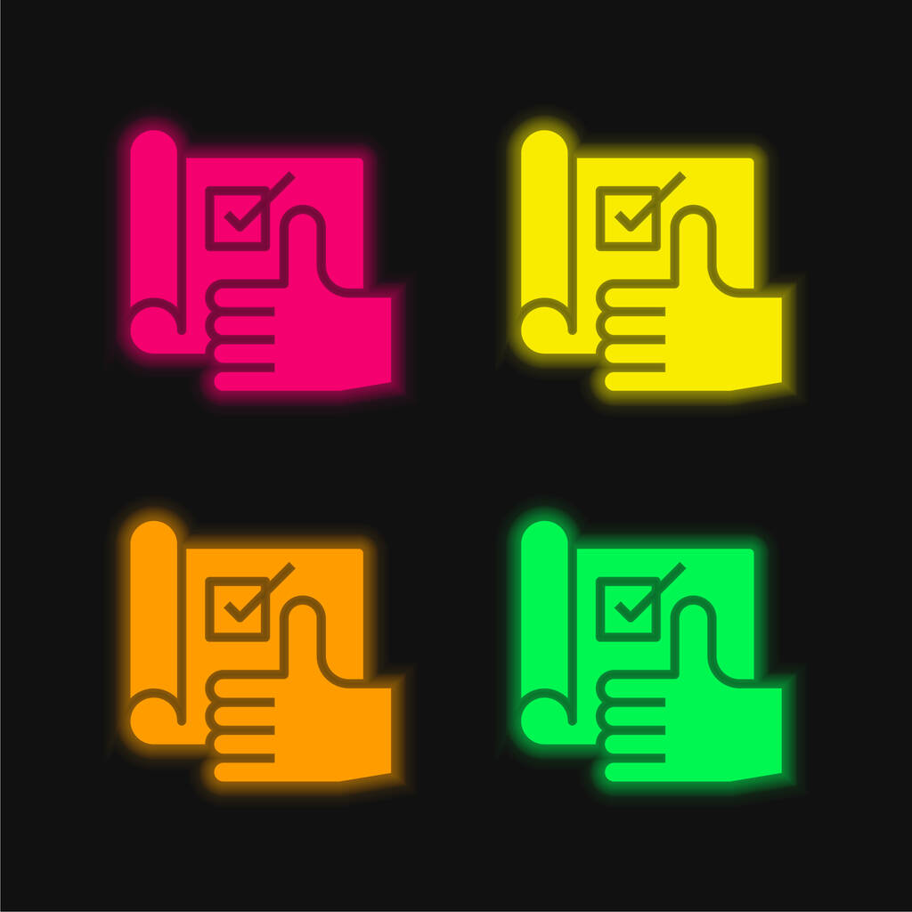 De acuerdo con el icono de vectores de neón brillante de cuatro colores - Vector, imagen