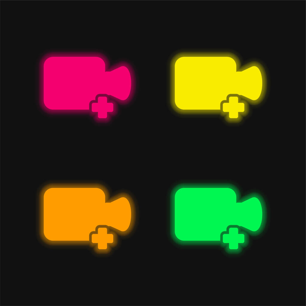 Video hinzufügen vier Farbe leuchtenden Neon-Vektor-Symbol - Vektor, Bild
