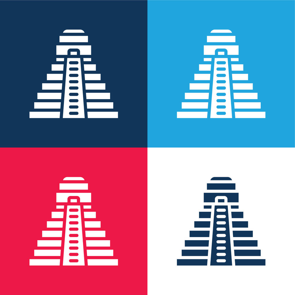 Ensemble d'icônes minime Aztec Pyramid bleu et rouge à quatre couleurs - Vecteur, image
