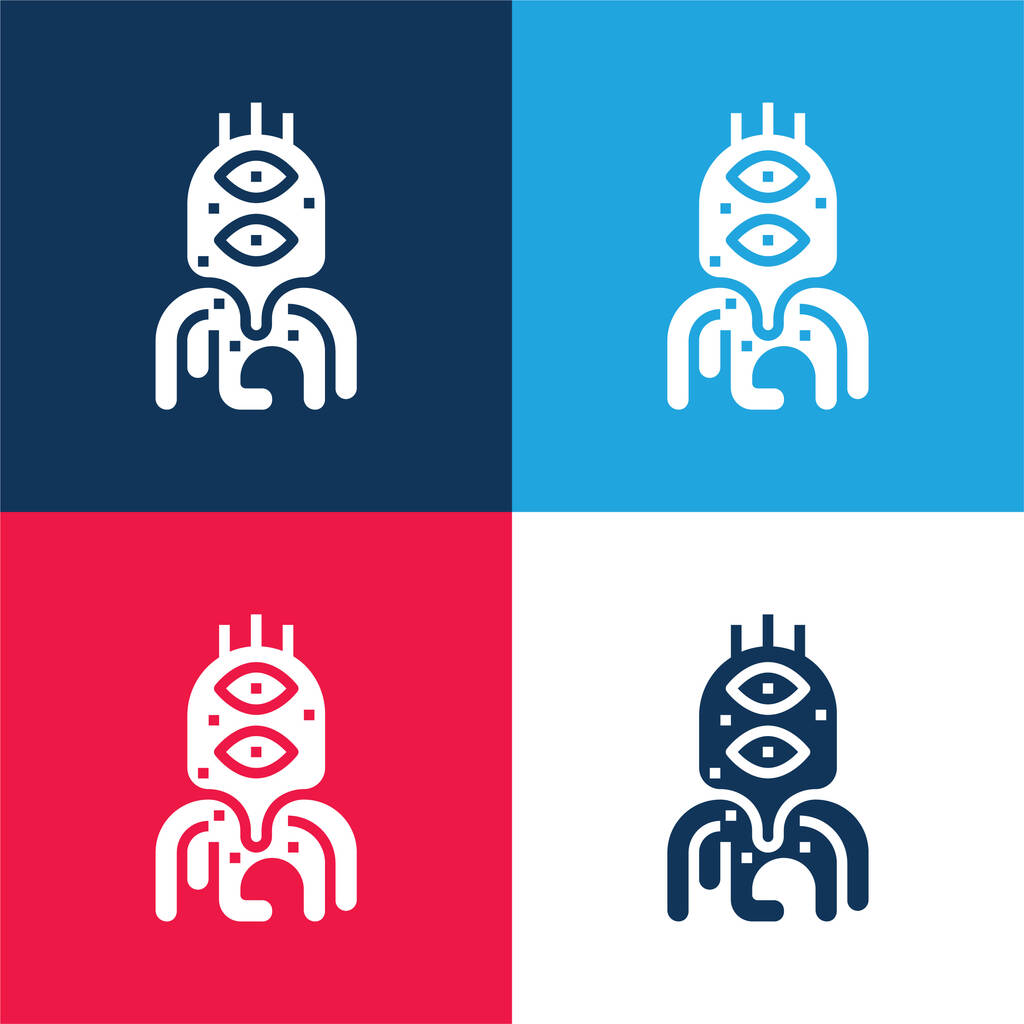 Alien azul y rojo conjunto de iconos mínimo de cuatro colores - Vector, Imagen