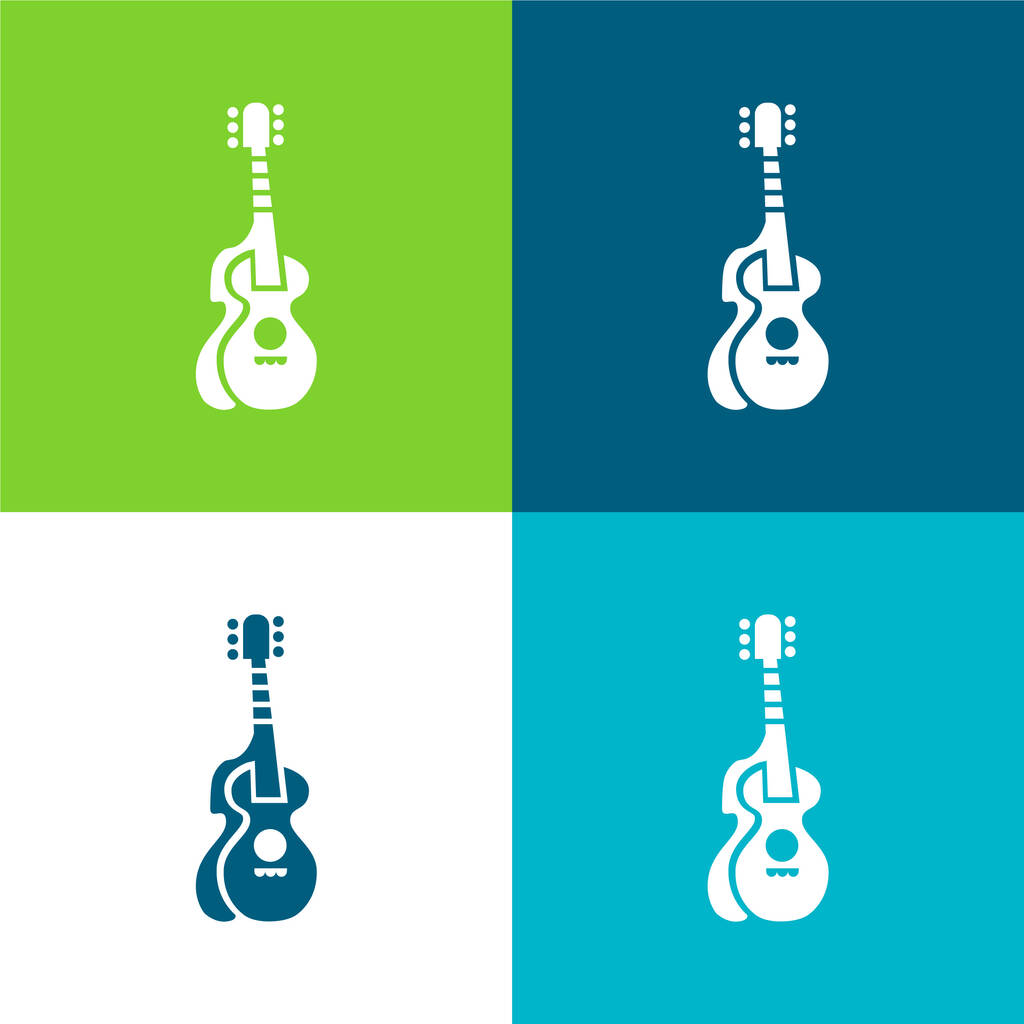 Ακουστική κιθάρα με σιλουέτα Επίπεδη τεσσάρων χρωμάτων ελάχιστη σύνολο εικονιδίων - Διάνυσμα, εικόνα