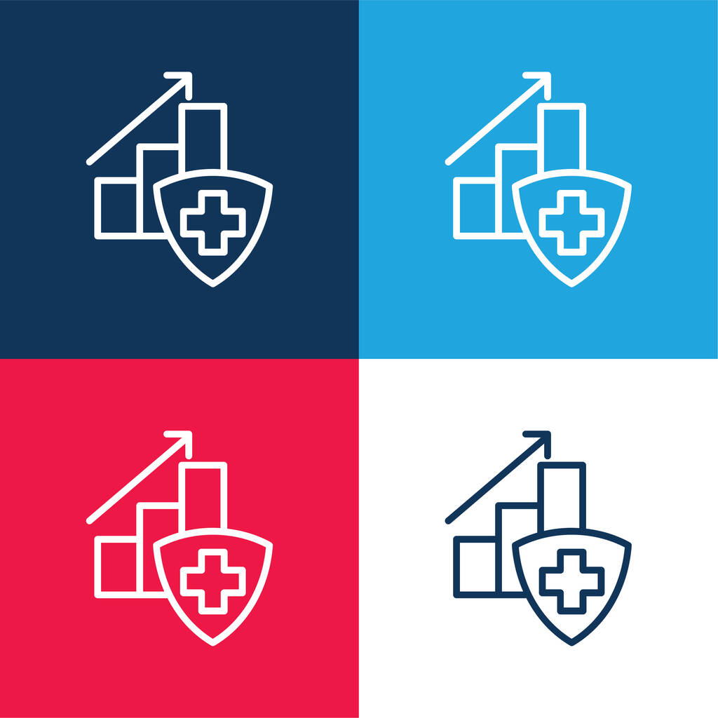 Gráfico de barras con una cruz azul y rojo conjunto de iconos mínimo de cuatro colores - Vector, Imagen