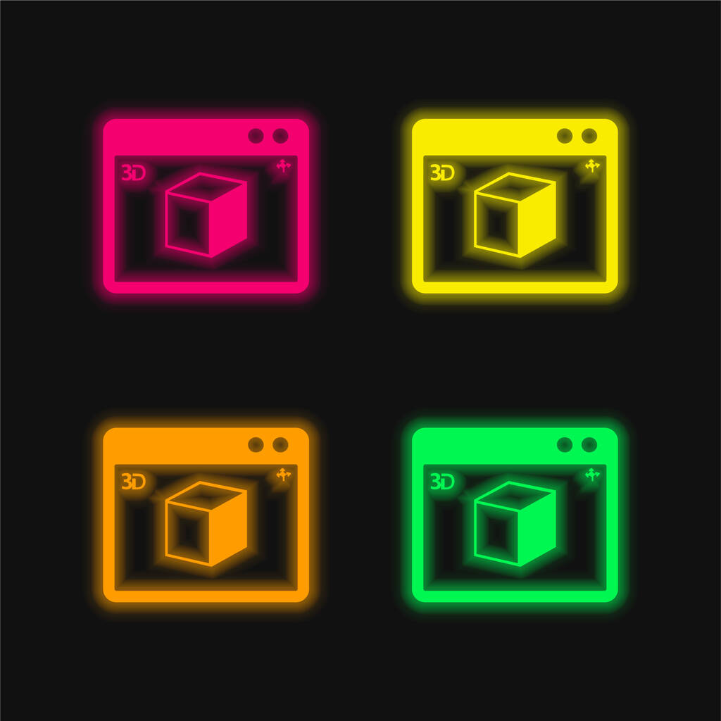 Symbole de fenêtre rectangulaire de l'imprimante 3d icône vectorielle néon éclatante de quatre couleurs - Vecteur, image