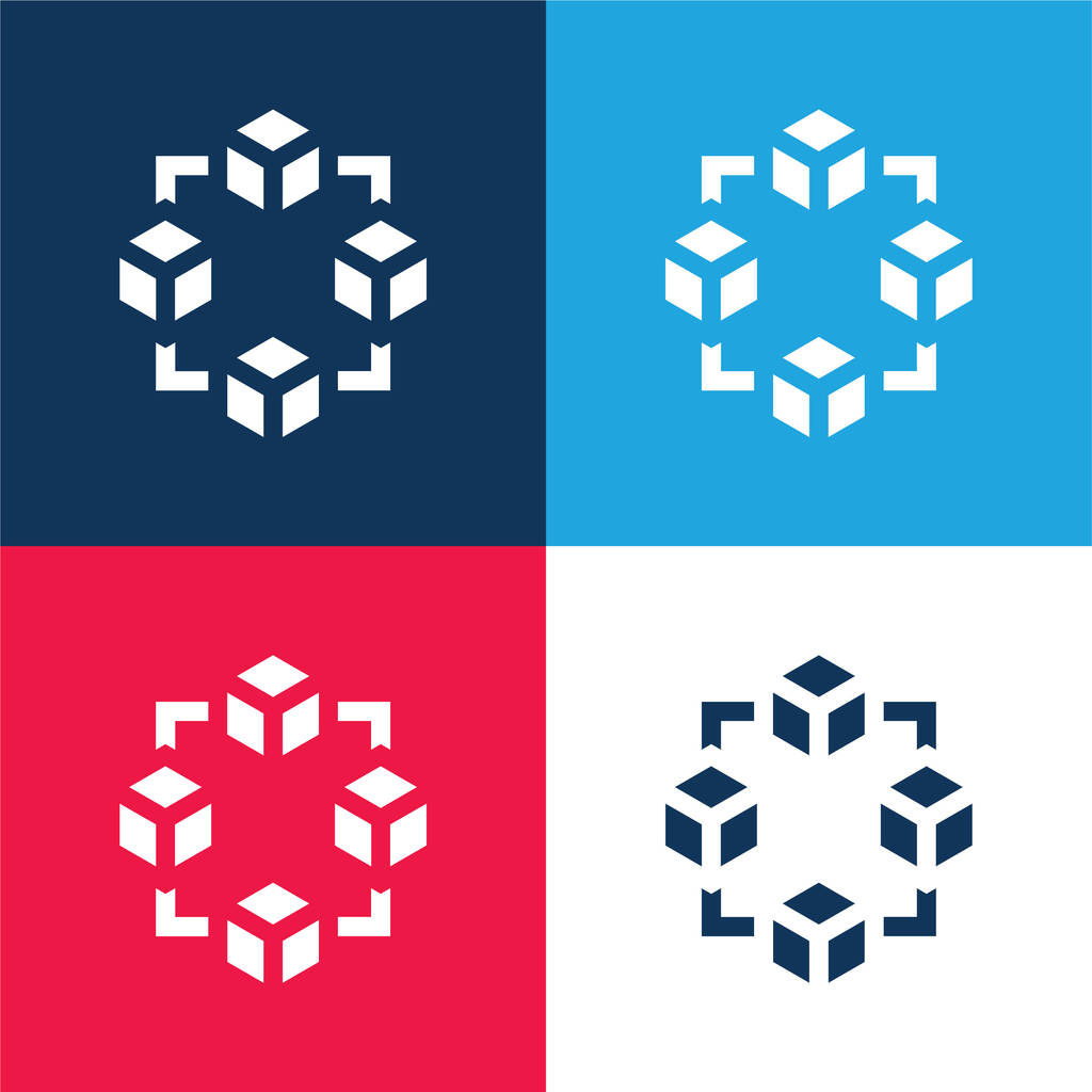 Blokklánc kék és piros négy szín minimális ikon készlet - Vektor, kép