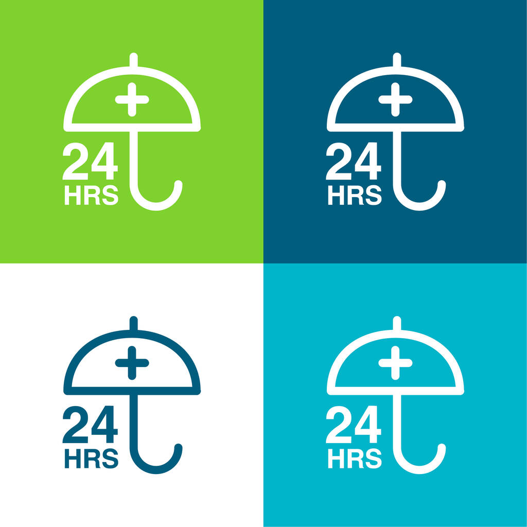 24 ώρες προστασίας σημάδι με μια ομπρέλα επίπεδη τεσσάρων χρωμάτων ελάχιστο σύνολο εικονιδίων - Διάνυσμα, εικόνα