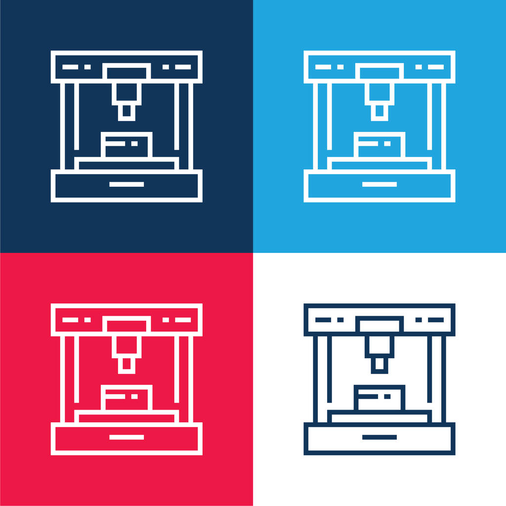 3d Принтер синий и красный четырехцветный минимальный набор значков - Вектор,изображение