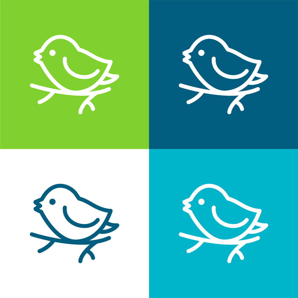 Bird On Branch Επίπεδη τέσσερις χρώμα ελάχιστο σύνολο εικονιδίων - Διάνυσμα, εικόνα