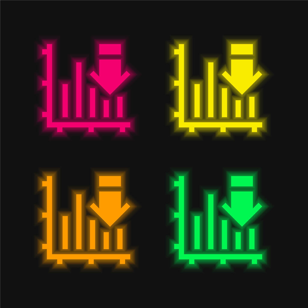 Balkendiagramm mit leuchtenden Neon-Vektorsymbolen in vier Farben - Vektor, Bild