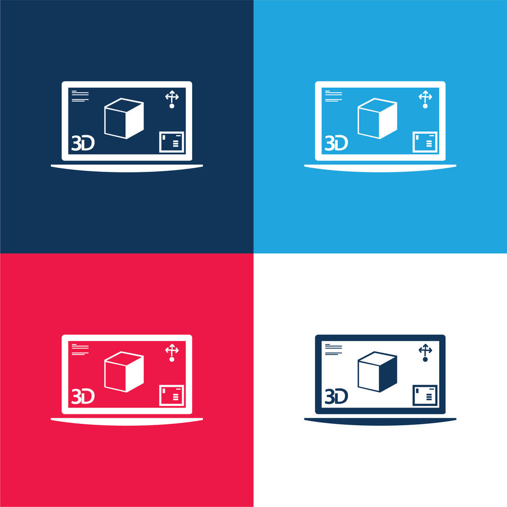 3D Nyomtatás Kép nyomtatása Monitor kék és piros négy szín minimális ikon készlet - Vektor, kép