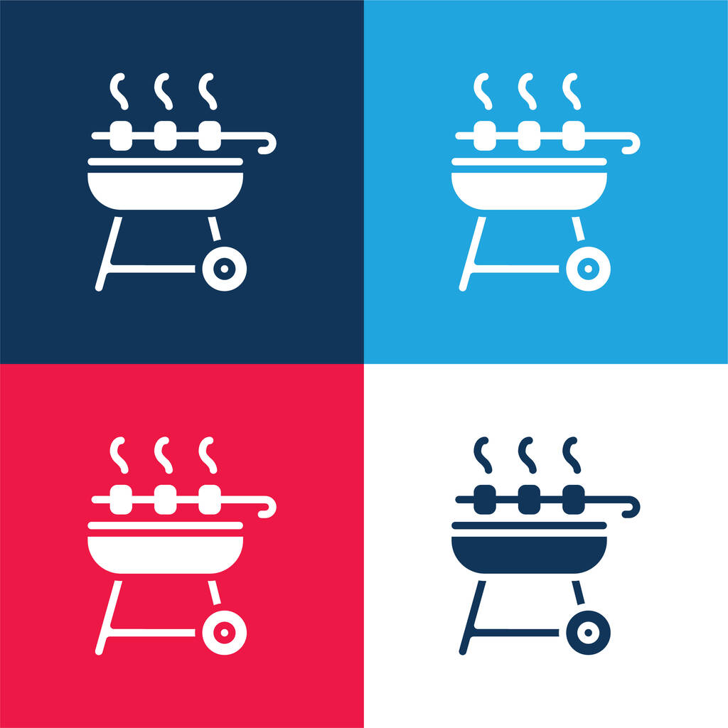 Set icona minimale di quattro colori blu e rosso barbecue - Vettoriali, immagini