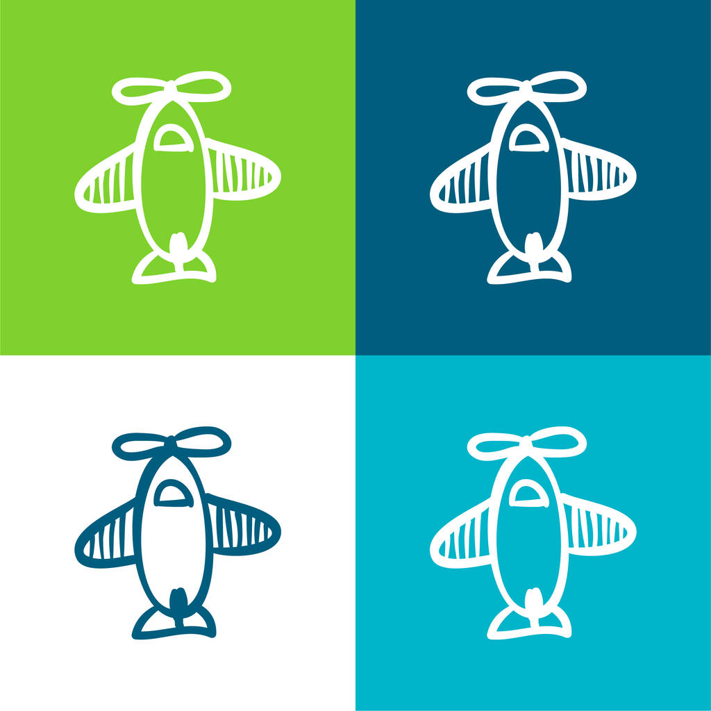 Airplane Hand Drawn Toy From Top View Flat four color minimal icon set - Vector, Image