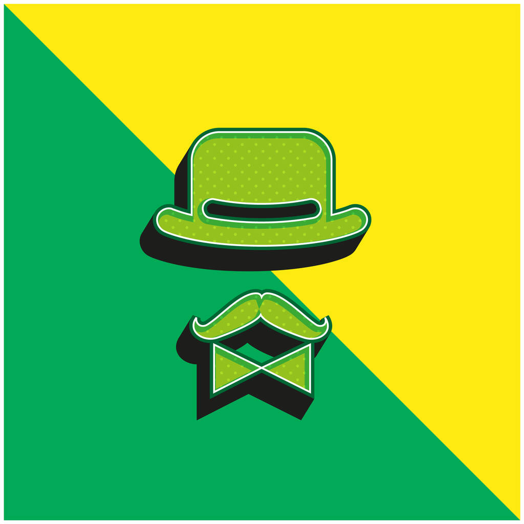 Carácter masculino antiguo de un sombrero un arco y un bigote verde y amarillo moderno 3d vector icono logotipo - Vector, imagen