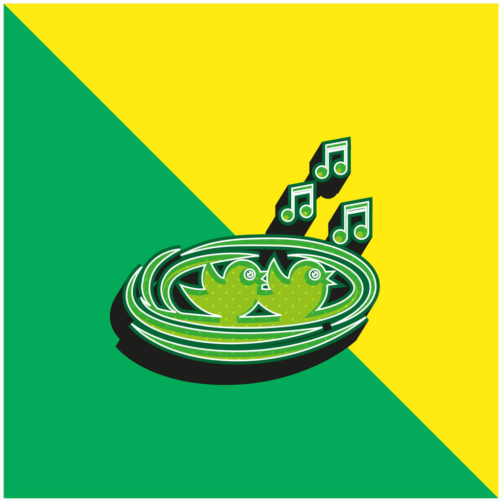 птички поют в гнезде зеленый и желтый современный 3D логотип векторной иконки - Вектор,изображение