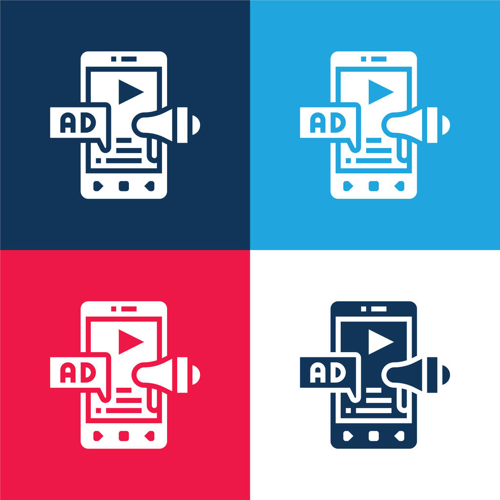 Reklama modré a červené čtyři barvy minimální ikona nastavena - Vektor, obrázek