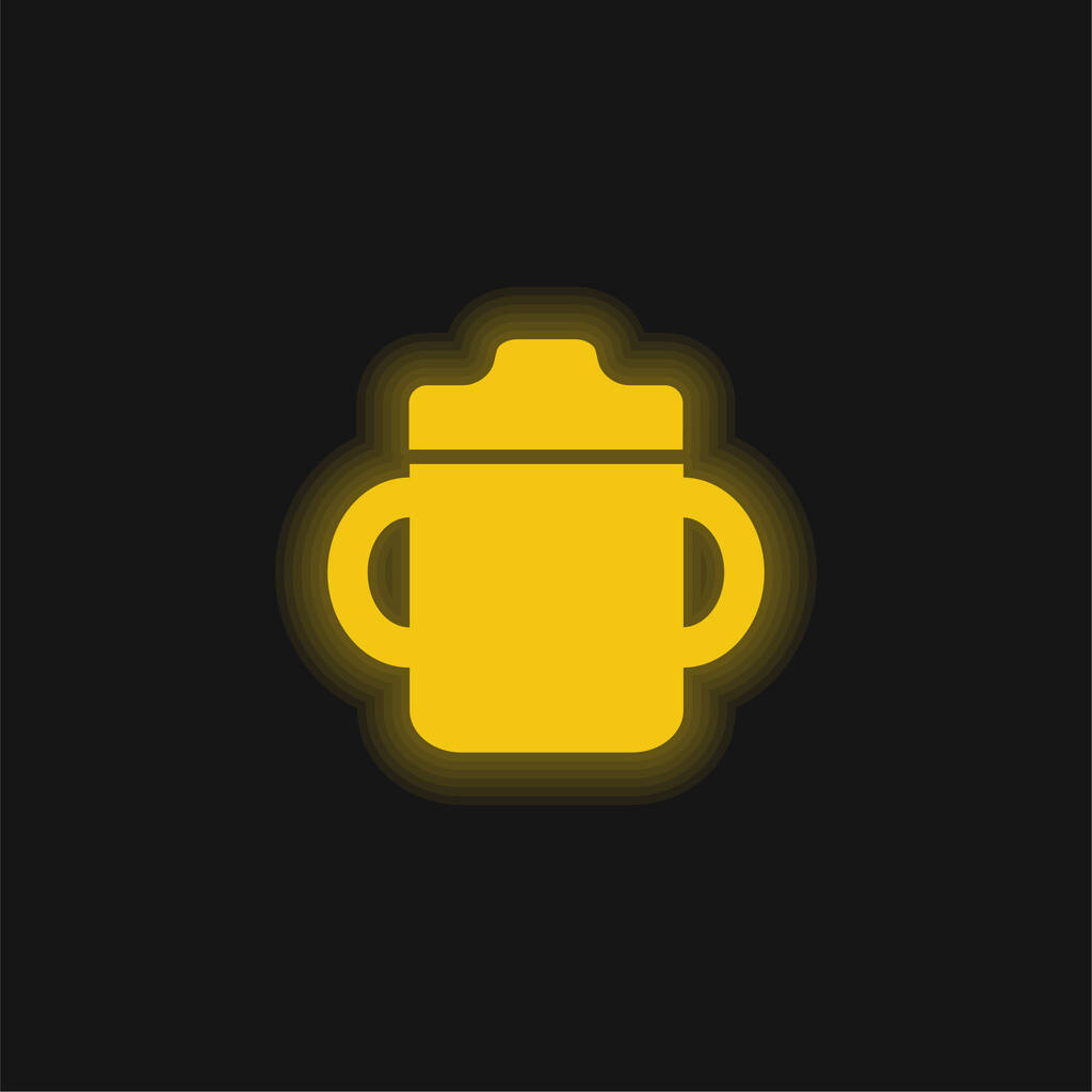 Dětská láhev s násadou na obou stranách žlutě zářící neon ikona - Vektor, obrázek