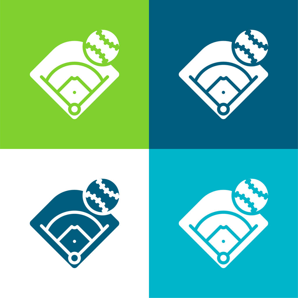 Γήπεδο μπέιζμπολ Επίπεδη τέσσερις χρώμα ελάχιστο σύνολο εικονιδίων - Διάνυσμα, εικόνα