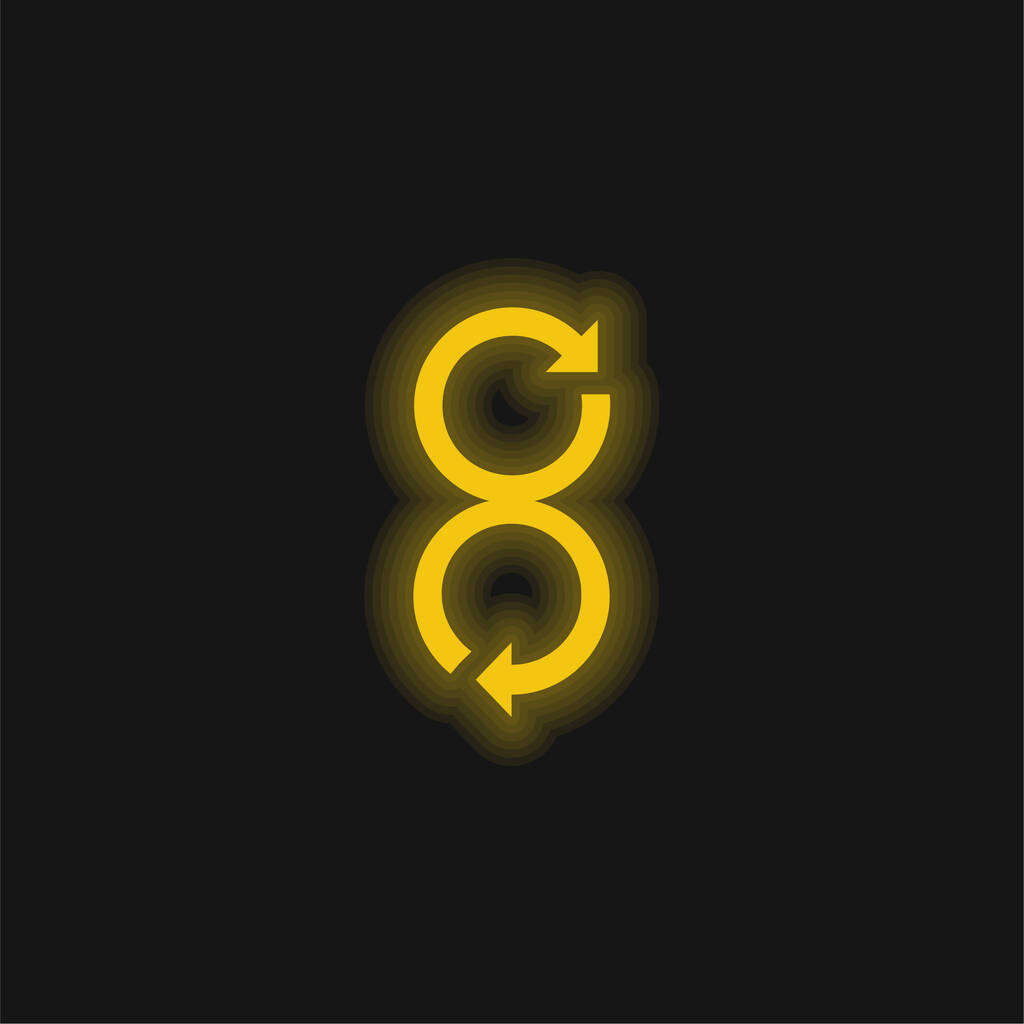 Pfeile rotieren in entgegengesetzte Richtungen gelb leuchtendes Neon-Symbol - Vektor, Bild