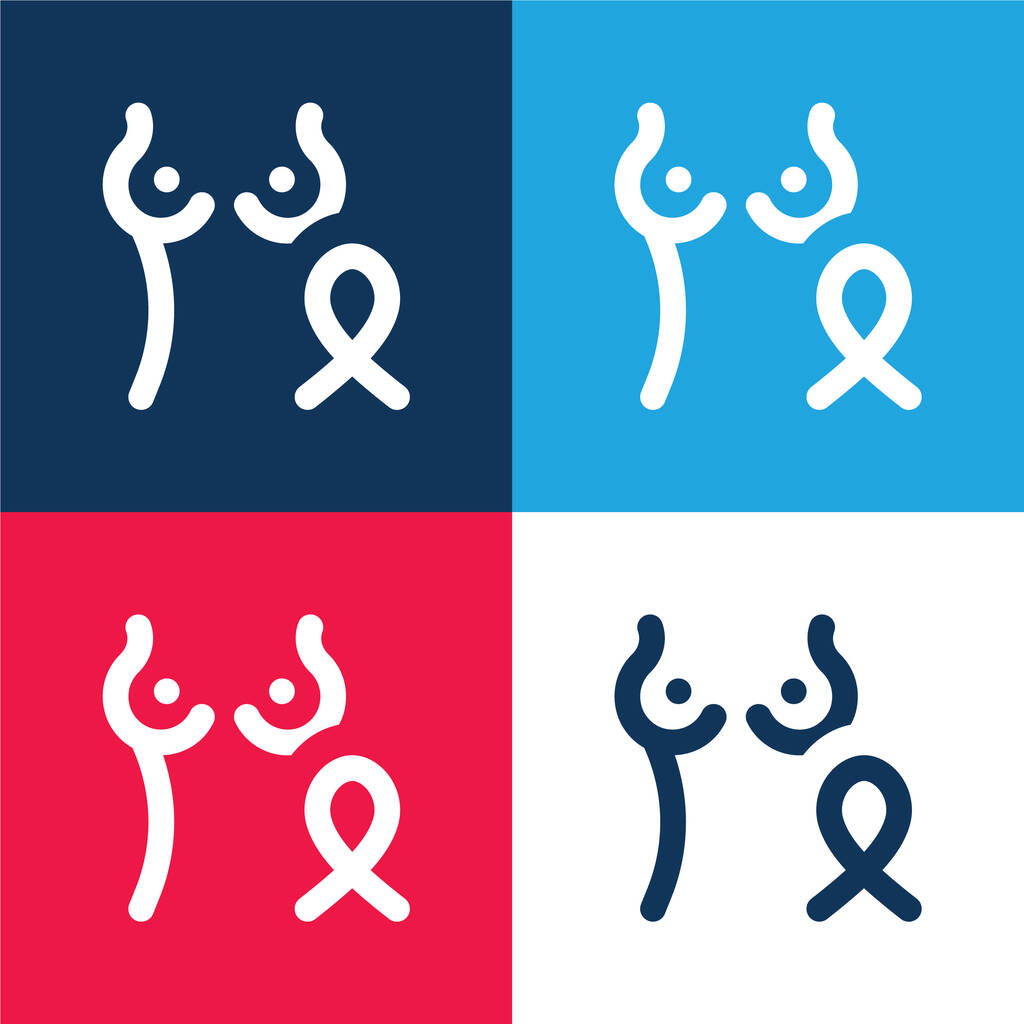 Cáncer de mama azul y rojo conjunto de iconos mínimo de cuatro colores - Vector, Imagen