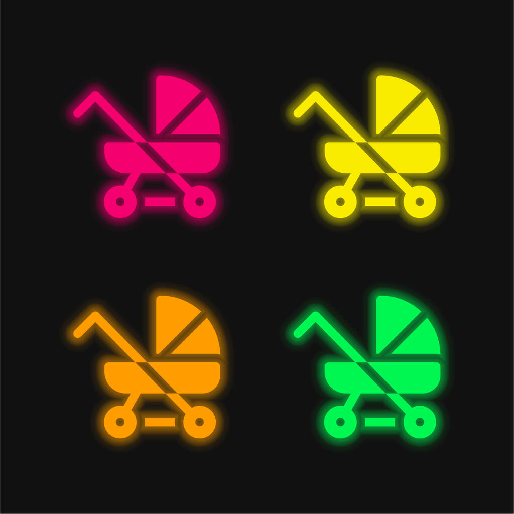 Poussette bébé quatre couleurs brillant icône vectorielle néon - Vecteur, image