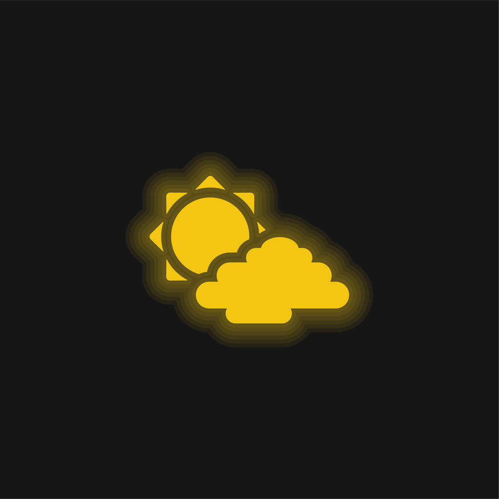Grote zon en wolk geel gloeiende neon pictogram - Vector, afbeelding