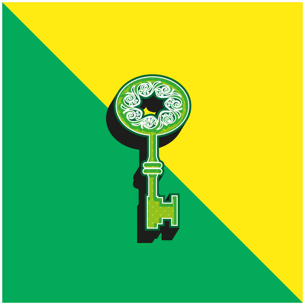 Antyczny kształt klucza z otworem gwiazdy w środku spirali w owalnym zielonym i żółtym nowoczesnym logo wektora 3D - Wektor, obraz