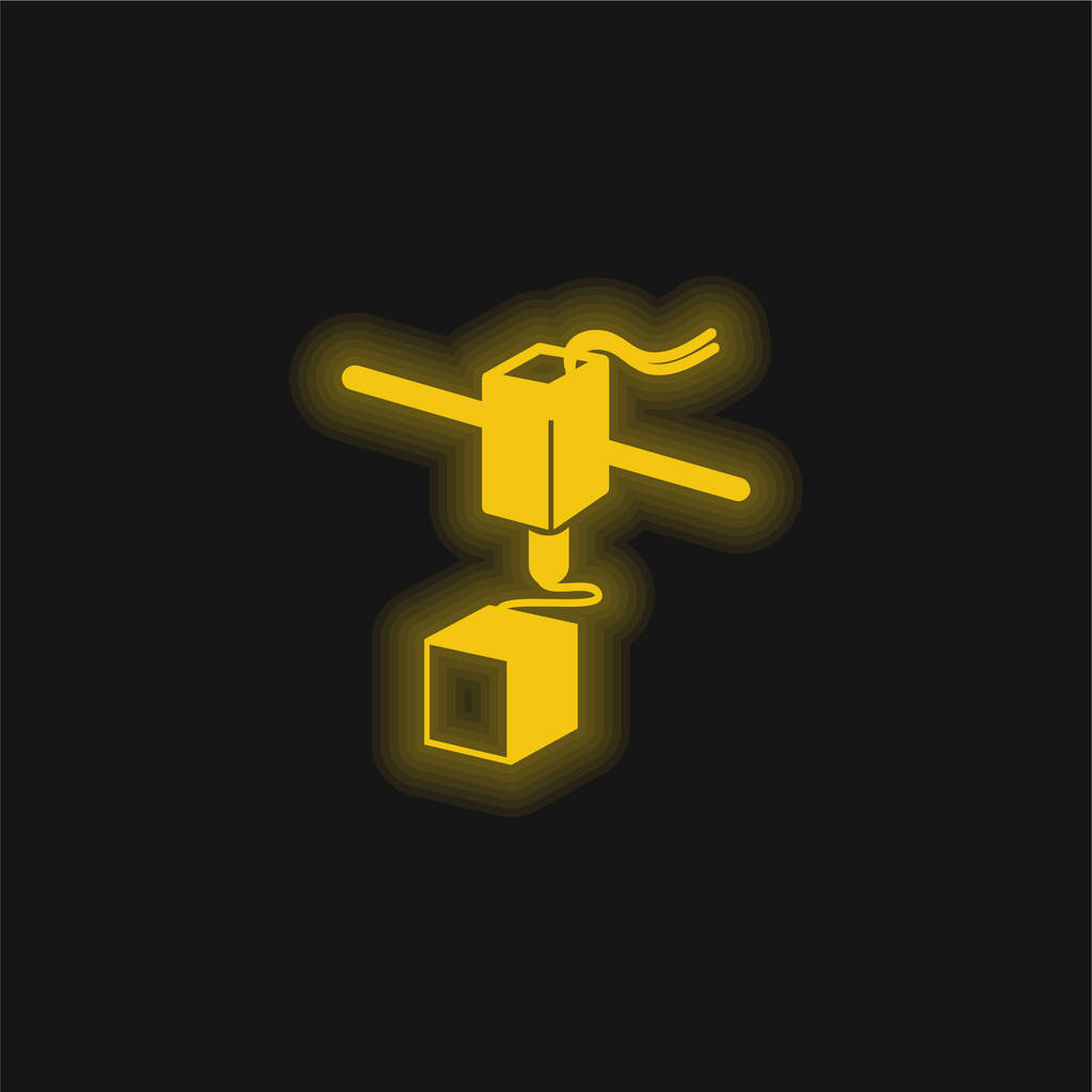 3D nyomtató eszköz Működő sárga izzó neon ikon - Vektor, kép