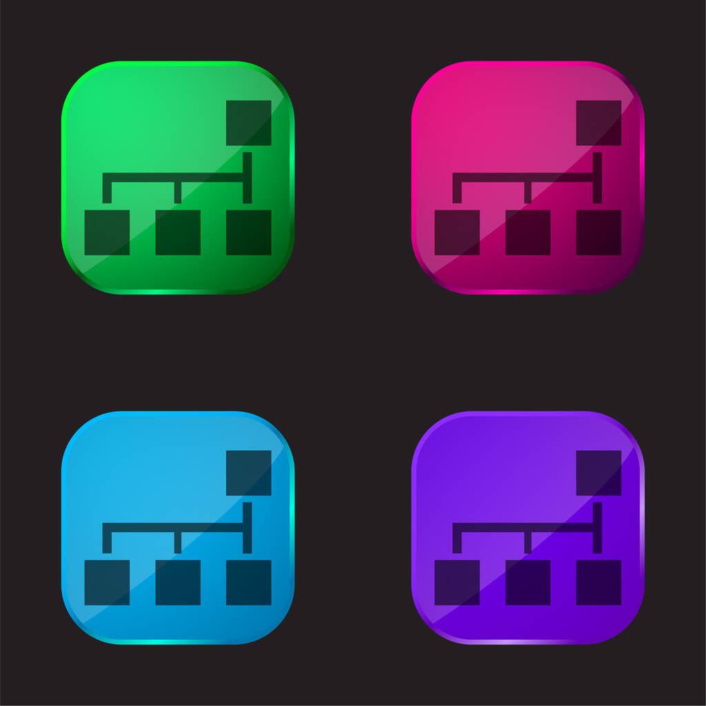 Blokkok rendszer terek és vonalak négy színű üveg gomb ikon - Vektor, kép