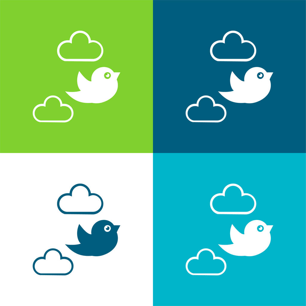 Птица летит между облаками Плоские четыре цвета минимальный набор значков - Вектор,изображение