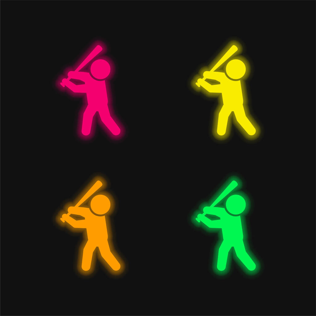 Baseball denevér négy színű izzó neon vektor ikon - Vektor, kép