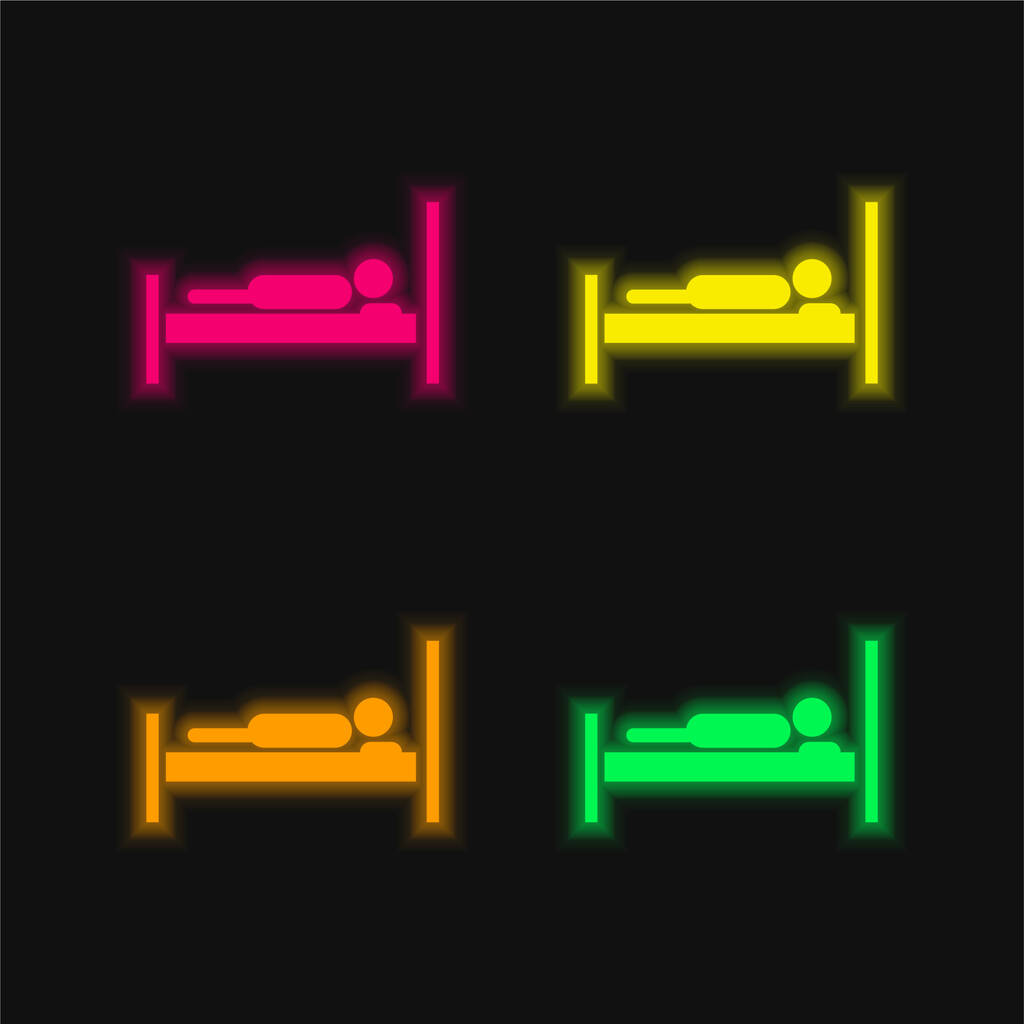 Lit avec une personne allongée dessus quatre couleur brillant icône vectorielle néon - Vecteur, image