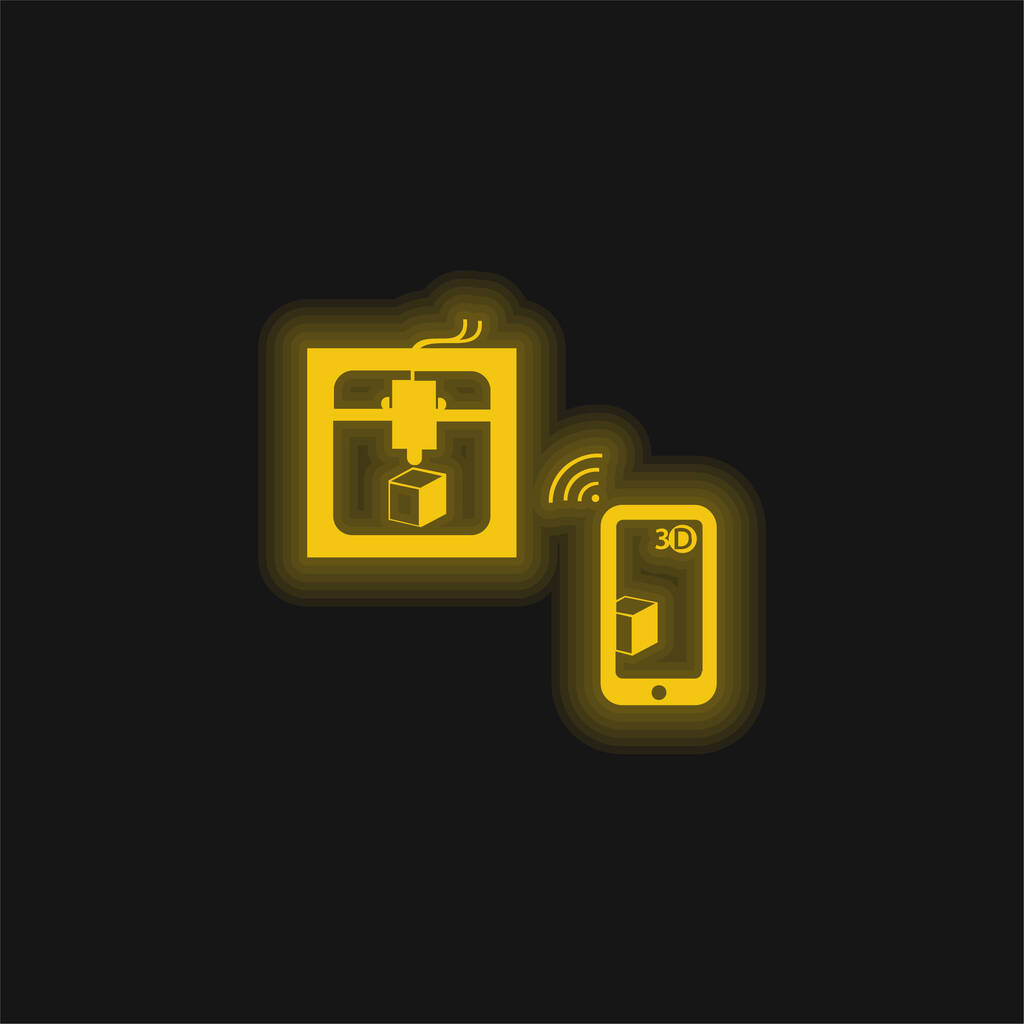 ワイヤレス信号によってタブレットに接続された3Dプリンタ黄色の輝くネオンアイコン - ベクター画像