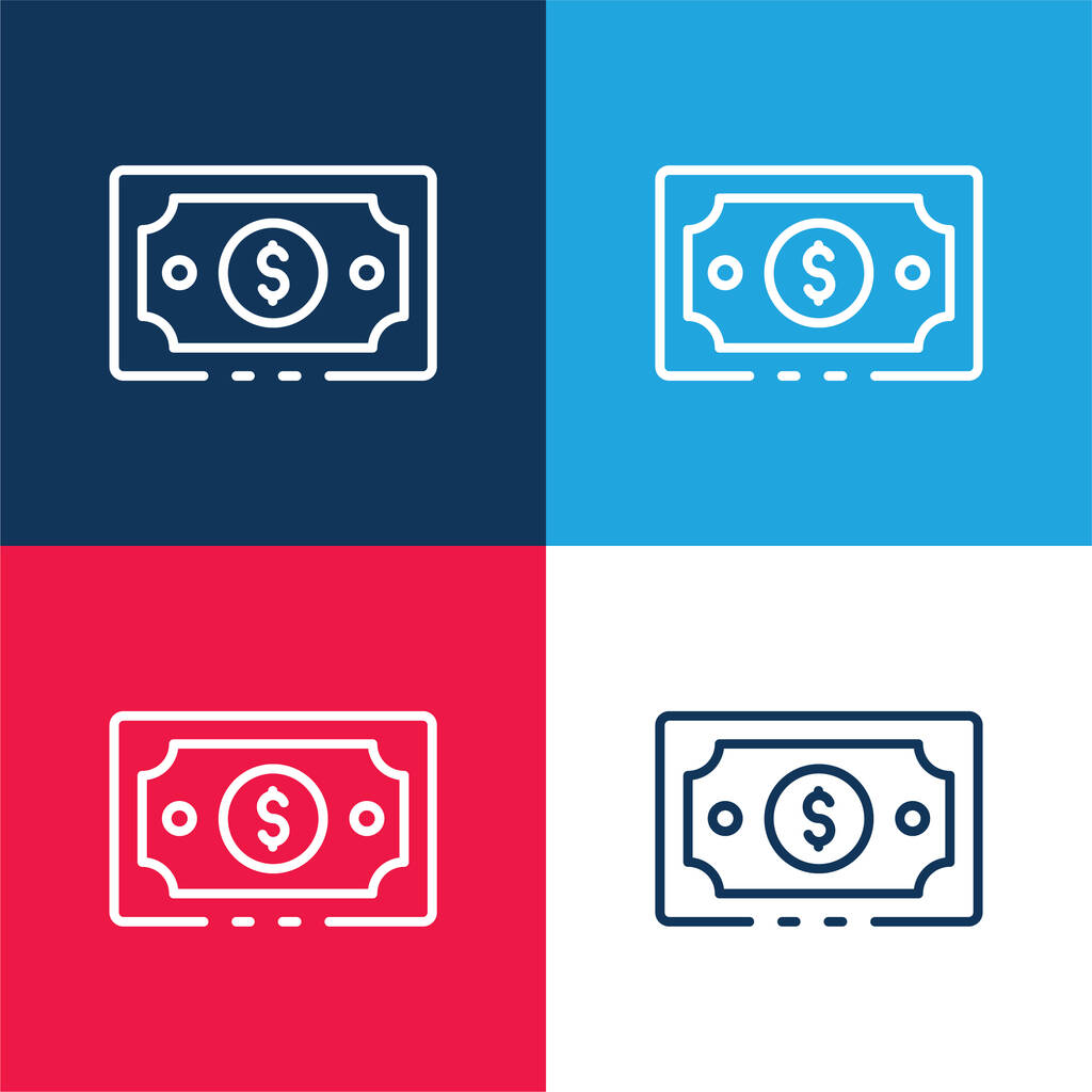 Billete azul y rojo conjunto de iconos mínimo de cuatro colores - Vector, Imagen