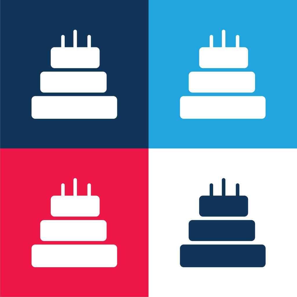 Születésnapi torta három torta kék és piros négy szín minimális ikon készlet - Vektor, kép
