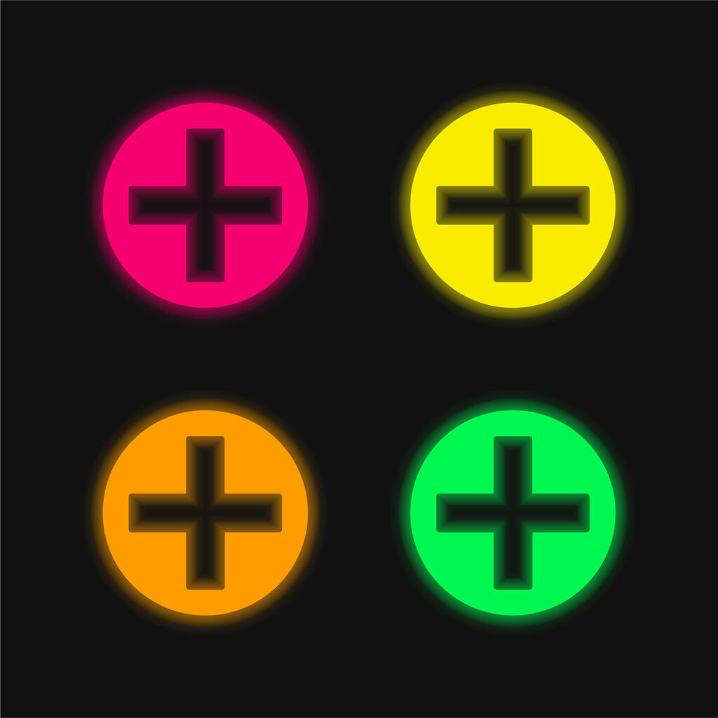 Προσθήκη εικονιδίου φορέα τεσσάρων φωτεινών νέον χρώματος κύκλου κουμπιών - Διάνυσμα, εικόνα