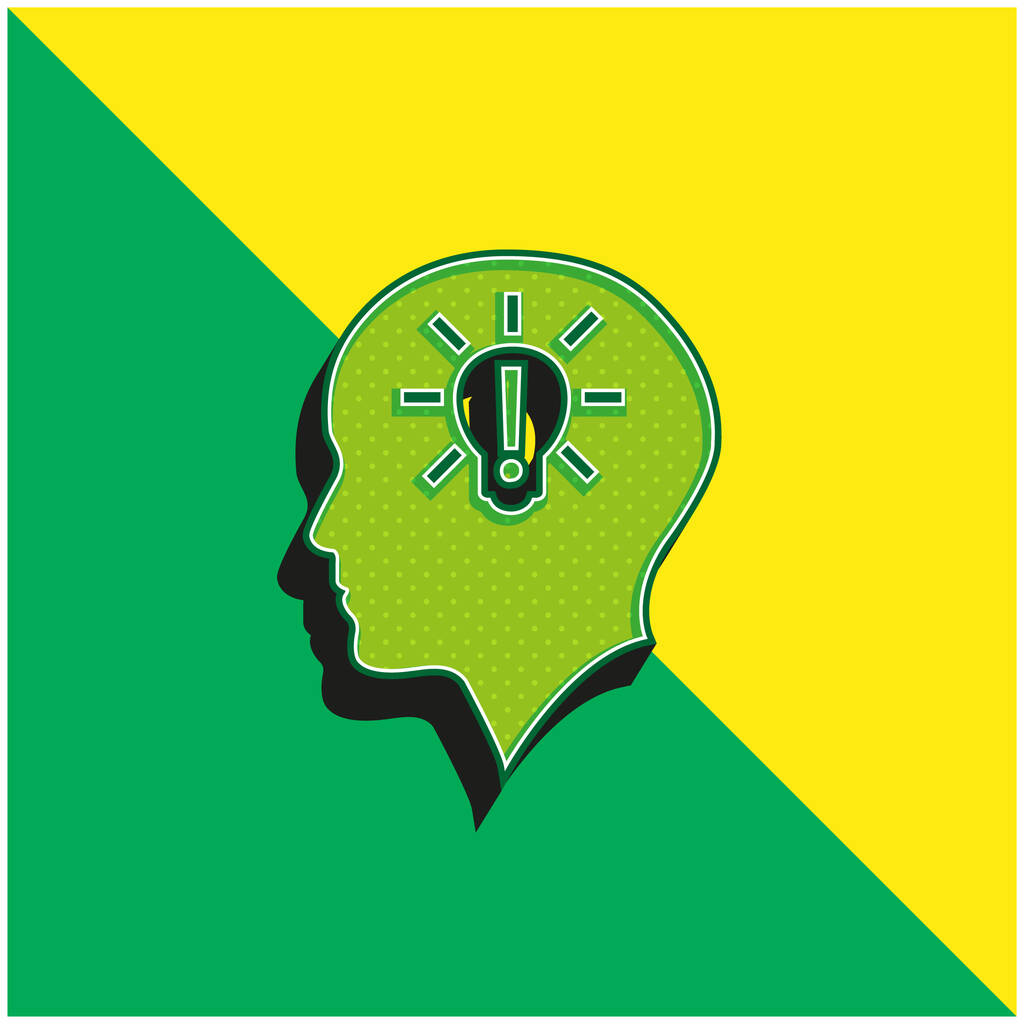 Cabeça careca com lâmpada com sinal de exclamação dentro verde e amarelo moderno logotipo do ícone do vetor 3d - Vetor, Imagem