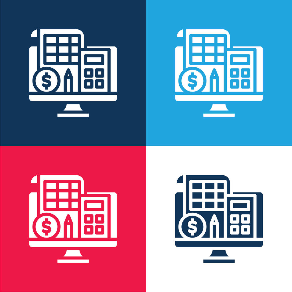 Set icona minimale a quattro colori blu e rosso per la contabilità - Vettoriali, immagini