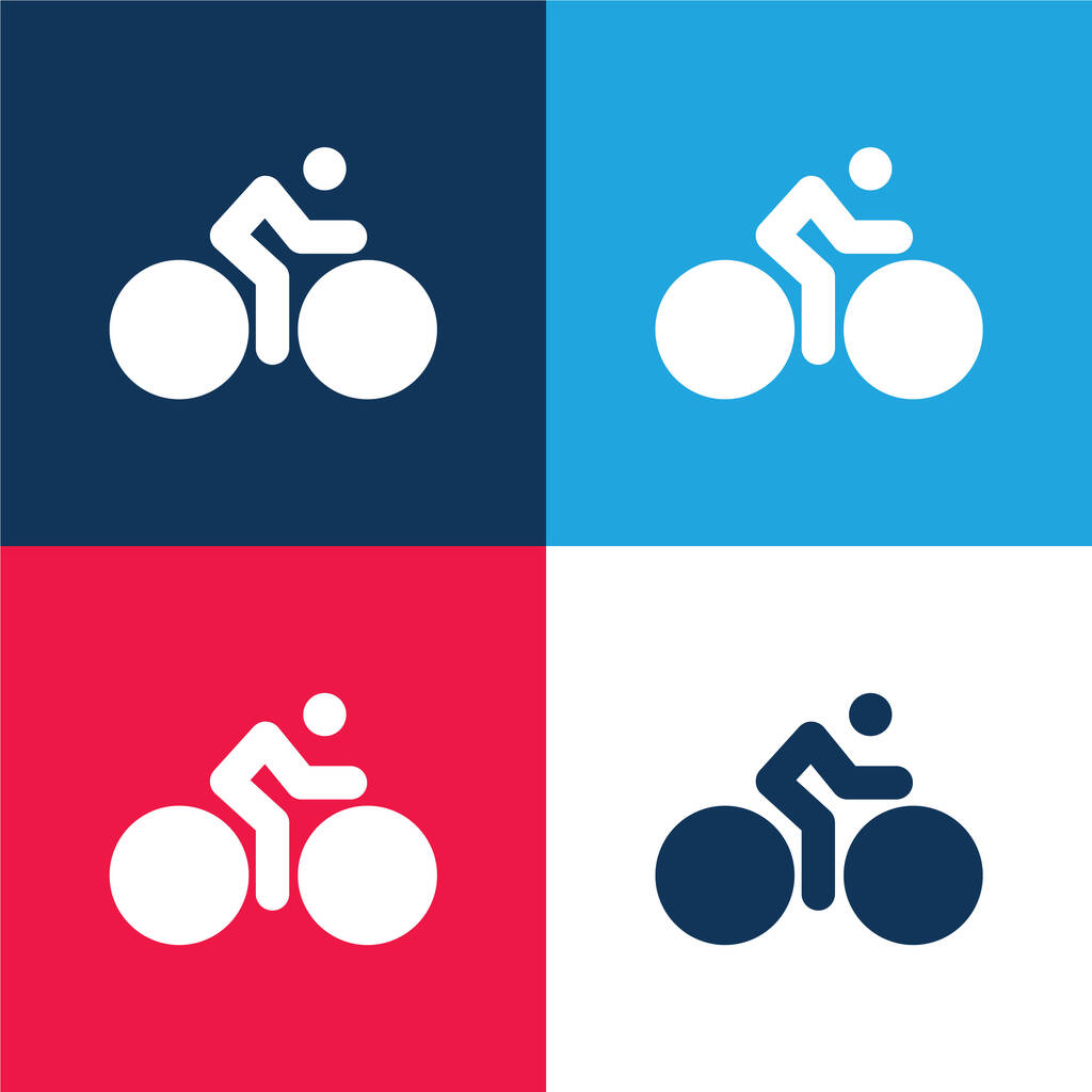 Rower z dużymi kołami i rowerzystą niebieski i czerwony zestaw czterech kolorów minimalny zestaw ikon - Wektor, obraz