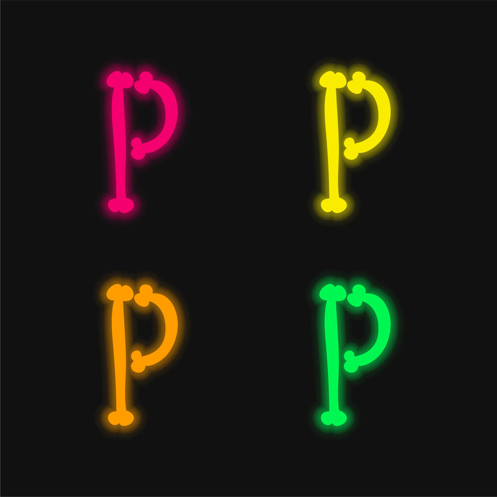 Bones Halloween Typography Filled Shape Of Letter P four color glowing neon vector icon - Vector, Image