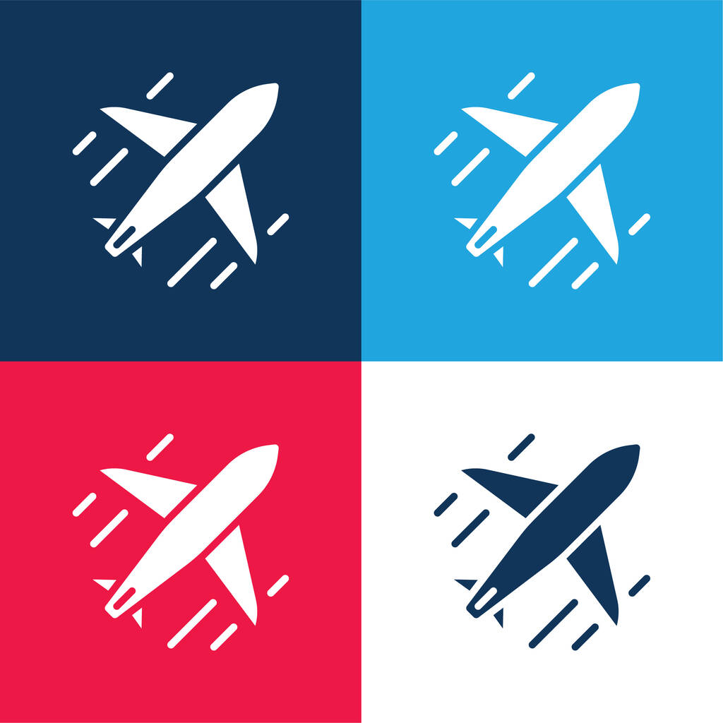 Samolot niebieski i czerwony cztery kolory minimalny zestaw ikon - Wektor, obraz