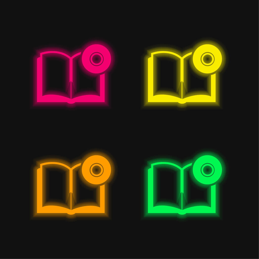 Libro Y Cd cuatro color brillante icono de vectores de neón - Vector, imagen