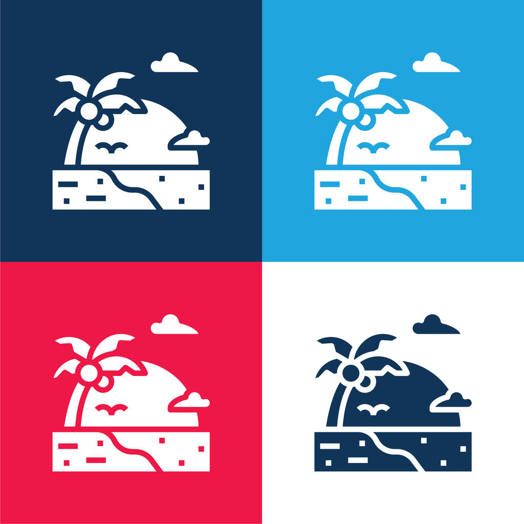 Playa azul y rojo conjunto de iconos mínimo de cuatro colores - Vector, Imagen