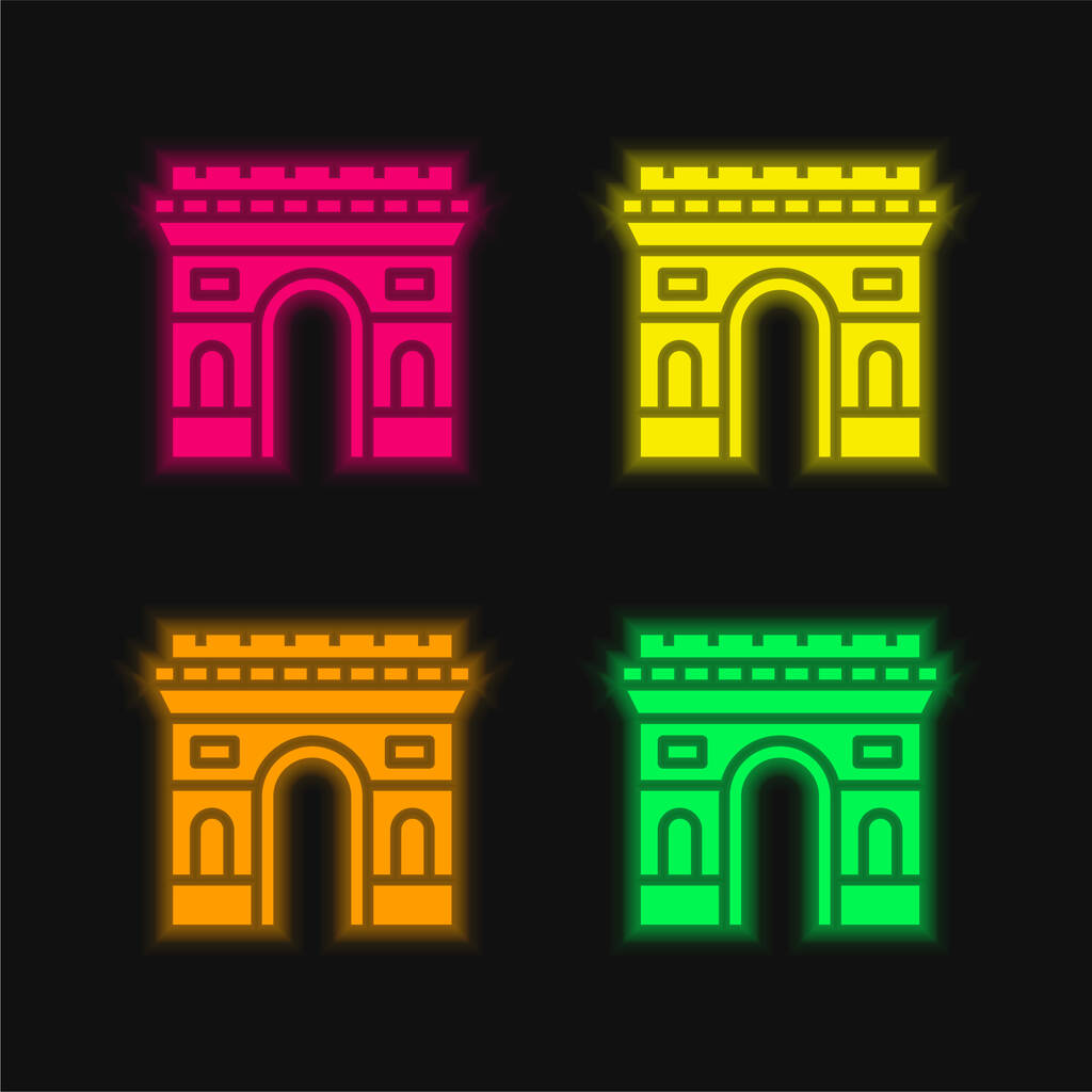 Arco De Triunfo de cuatro colores brillante icono de vectores de neón - Vector, Imagen