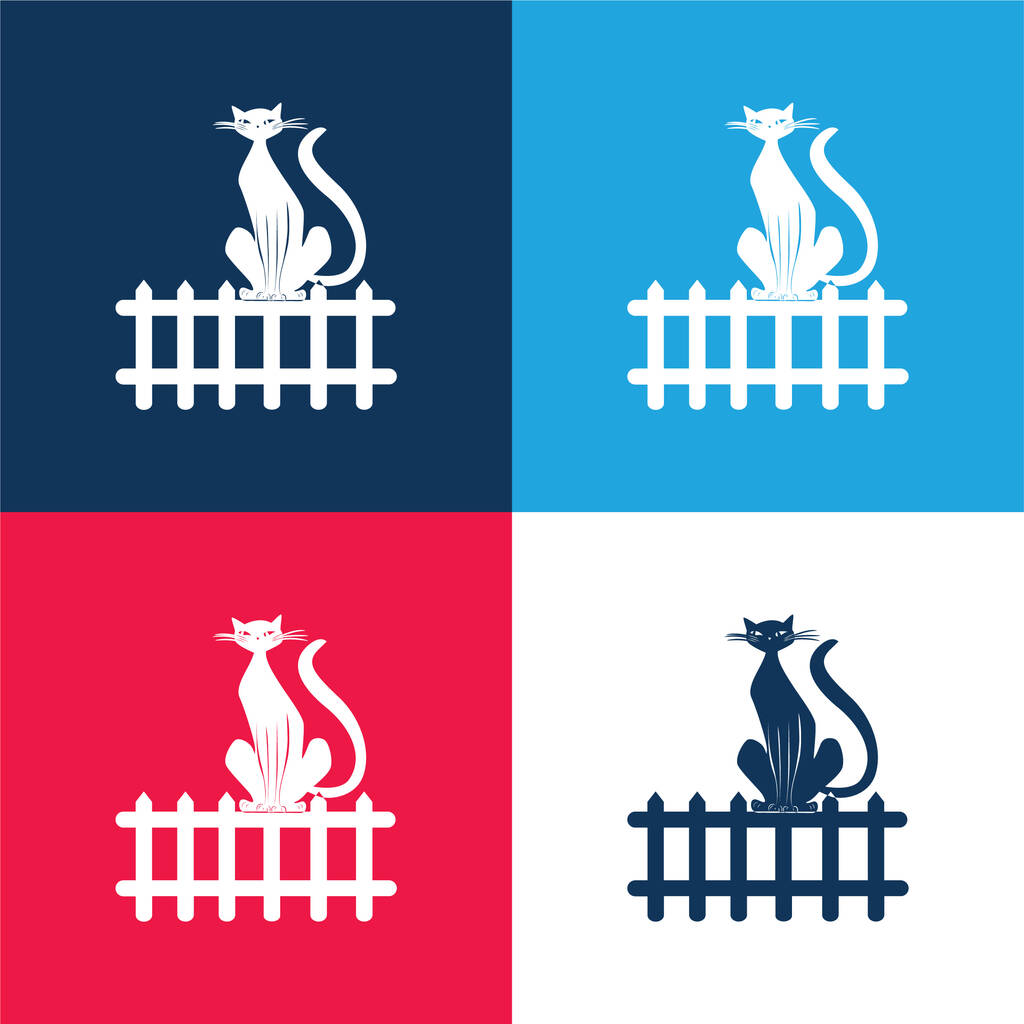 Black Cat On Fence blue and red four color minimal icon set - Vetor, Imagem