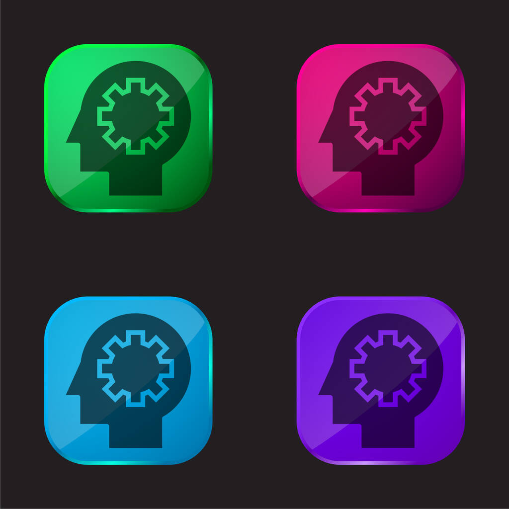Processus cérébral icône de bouton en verre de quatre couleurs - Vecteur, image
