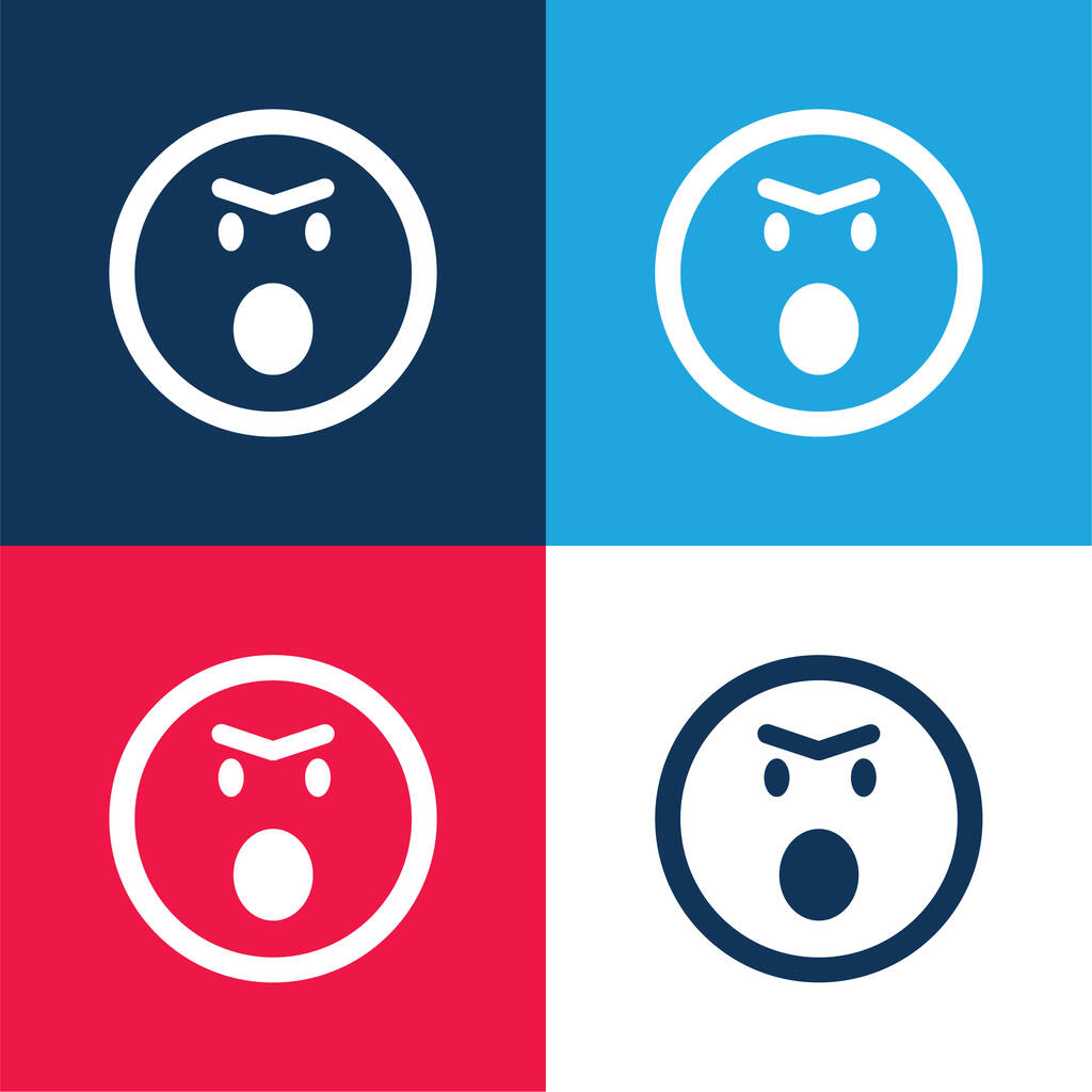 Rozzlobený emotikonový obličej s otevřenými ústy v zaobleném čtverci obrys modrá a červená čtyři barvy minimální ikona nastavena - Vektor, obrázek