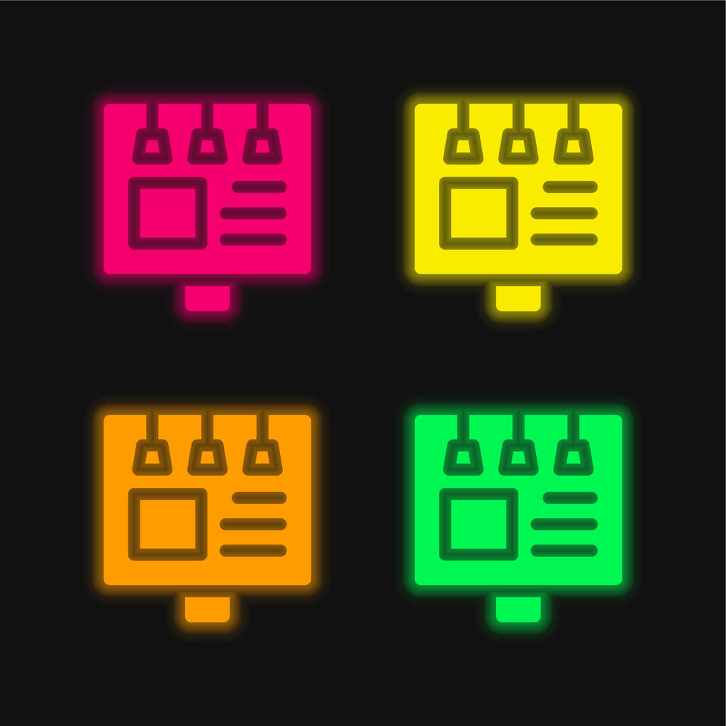 Plakatwand mit leuchtenden Neon-Vektorsymbolen in vier Farben - Vektor, Bild