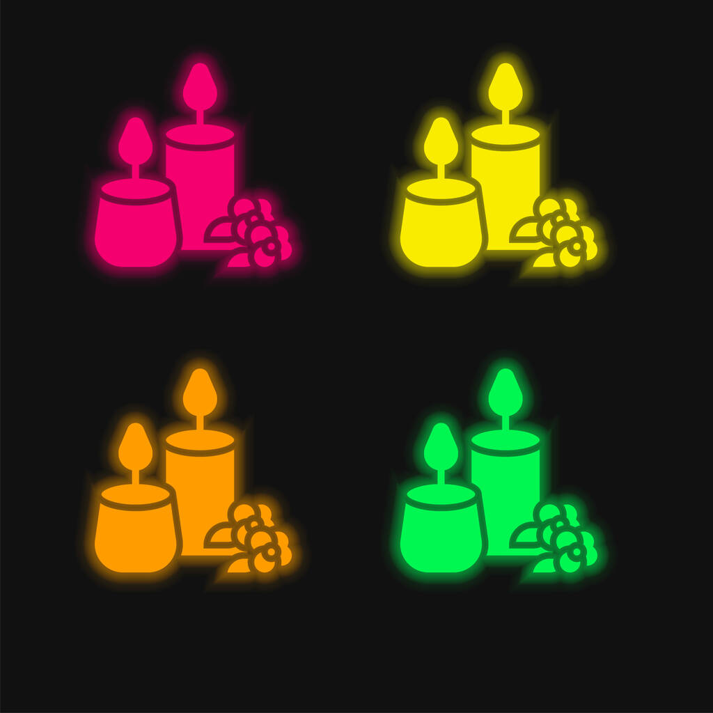 Bougie aromatique quatre couleurs rougeoyantes icône vectorielle néon - Vecteur, image